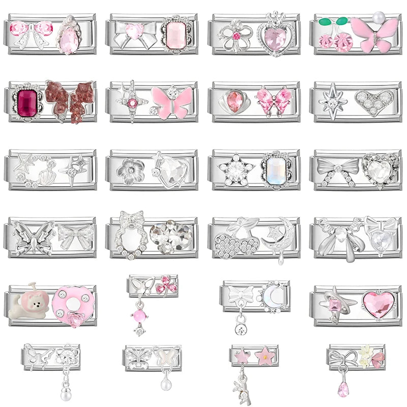 Y2K Zircon Pink Heart Star Butterfly Bow Long Italian Charm Link Fit 9mm Bracelet Stainless Steel Women DIY Making Jewelry Gifts