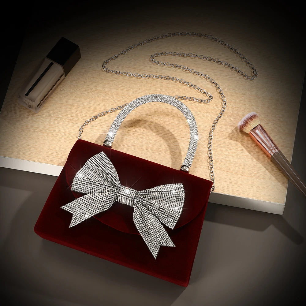 New velvet bow rhinestone handbag - luxurious evening dress bag - fashionable shoulder bag
