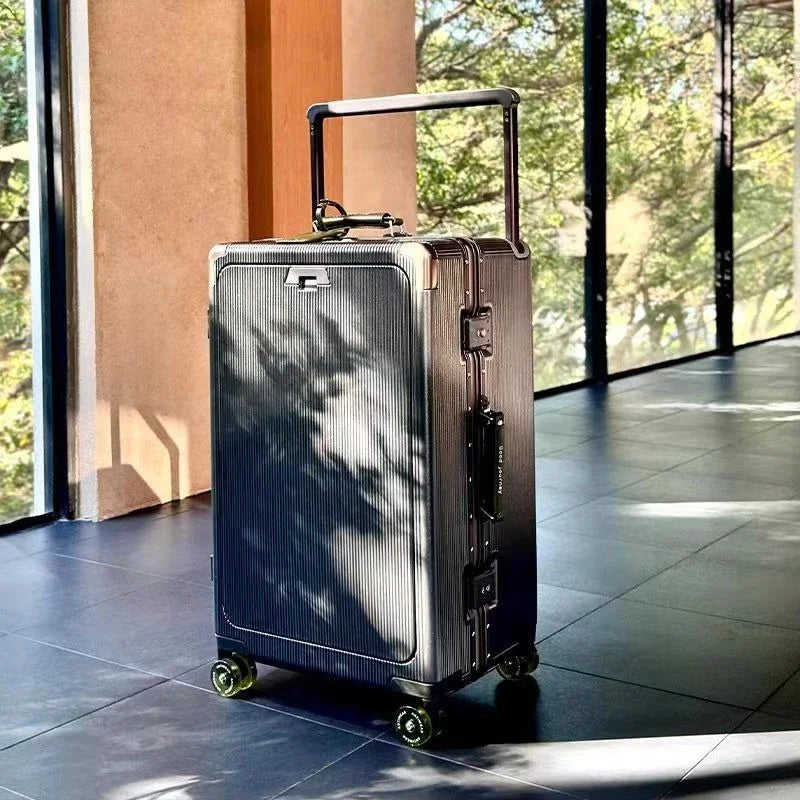 Front opening luggage with aluminum frame, ice skating wheel, leather suitcase, pull rod suitcase, women's suitcase, small suitc