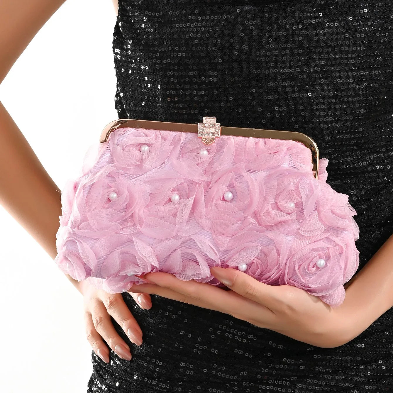 3D Floral Decor Clutch Bag, Elegant Silk Appliques Dinner Purse For Wedding Party Prom Banquet - Perfect for Wedding， Party