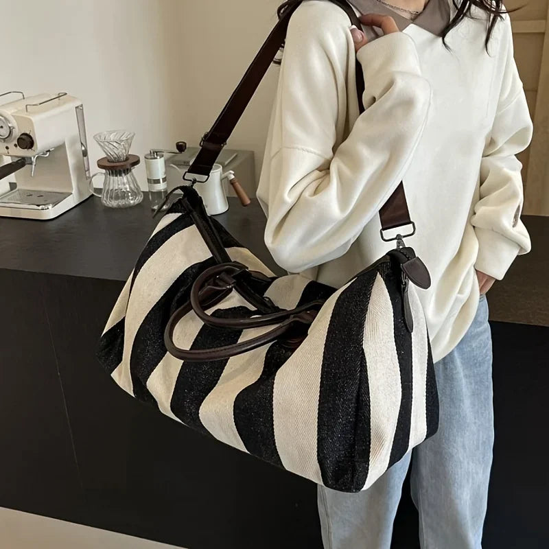 1pcs Niche Striped Canvas Bag Fashion Design Daily Portable Women Handbag