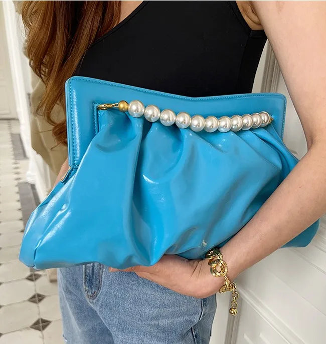 Fashion Folds Women Clutches Pearl Chain Design Lady Handbag Python Banquet Envelope Evening Bag Ladies Clutch Purses Bolsas
