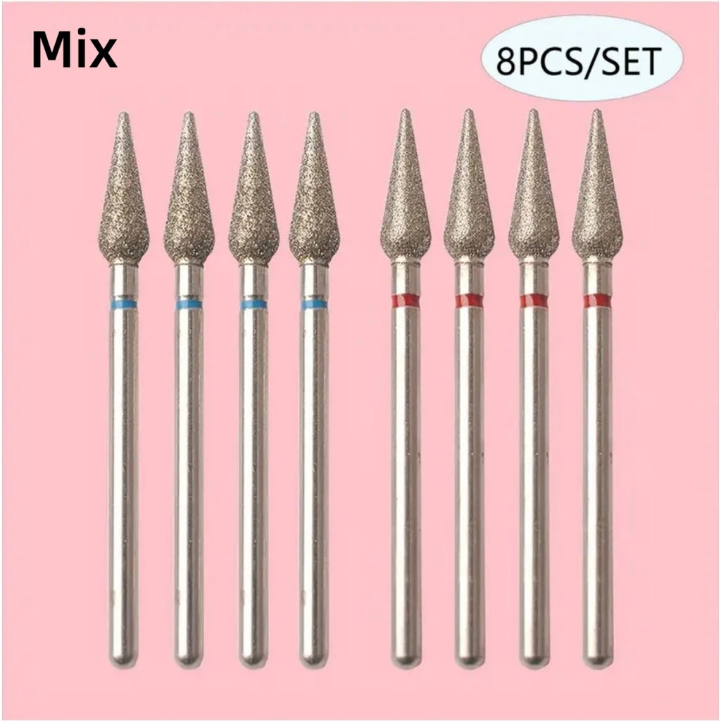 8pcs Professional Diamond Cuticle Clean Nail Drill Bits Set - Safety Rotary Stainless Steel for Russian Nail Manicure Accessory