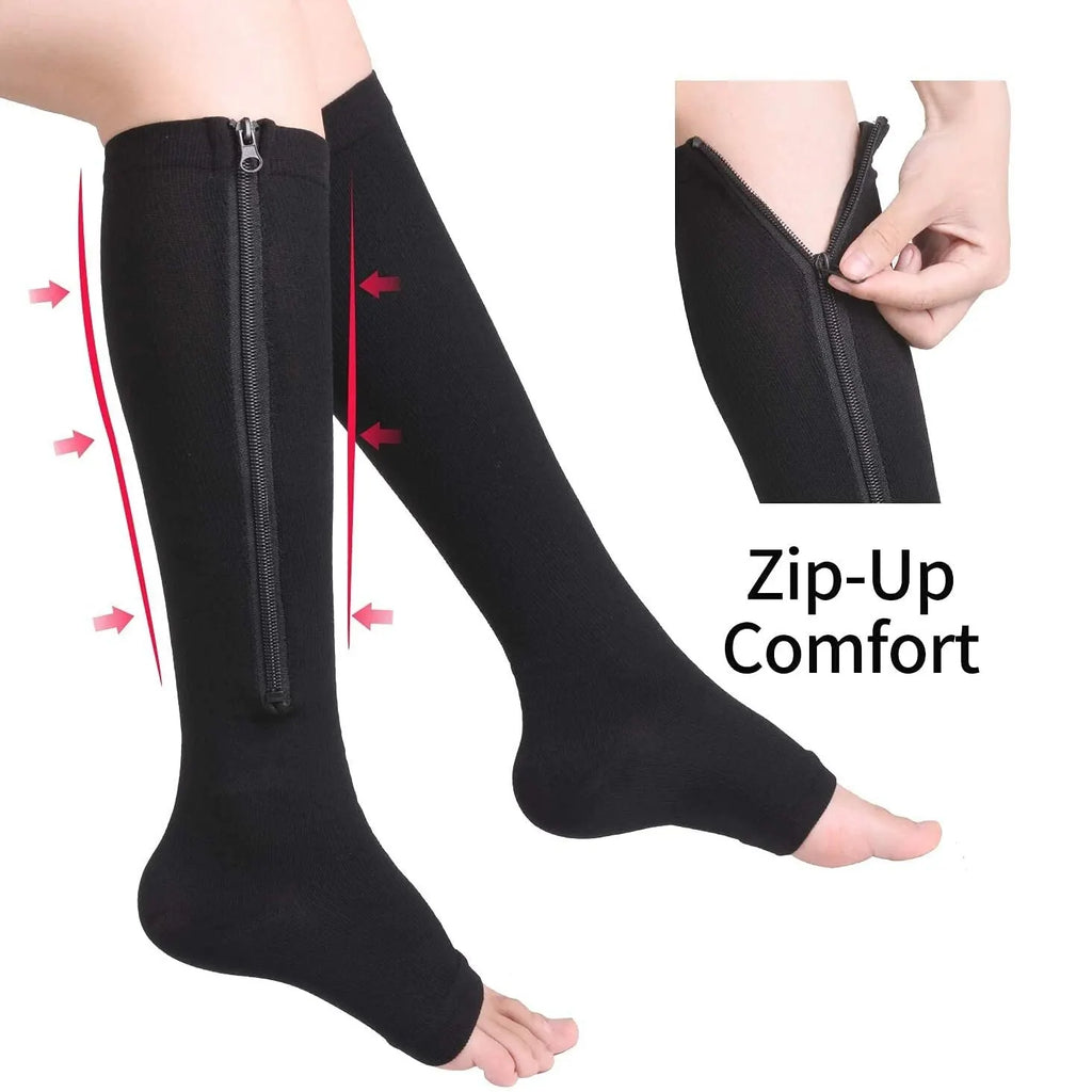 Knee-high Calf Compression Sock Men Women Support Knee Zipper Open Toe Thin Anti Fatigue Stretchy Medical Varicose Veins Hosiery