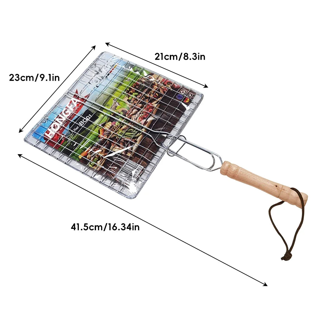 Folding Portable Outdoor Camping Stainless Steel BBQ Rack with Removable Handle Grilling Basket Barbeque Griller Cooking Tools