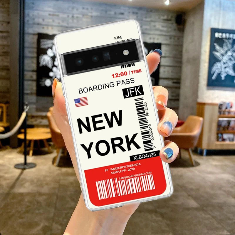 World City Travel Ticket New York Phone Case For Google Pixel 9 Pro XL 8 7 6 Pro 8A 7A 6A 5 4 5A 4A 3A XL 5G Soft Clear Cover