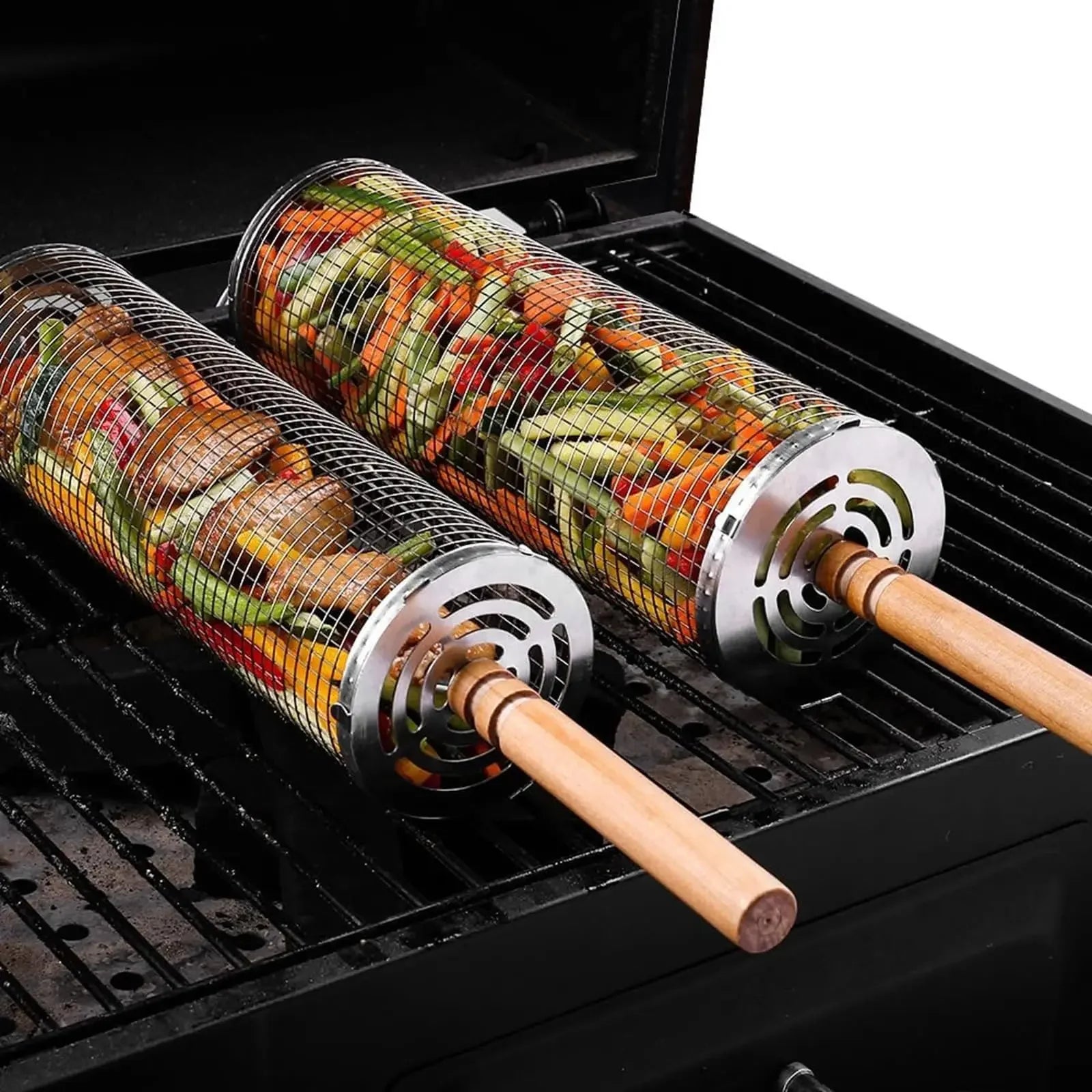 BBQ Rolling Grill Basket with Turn Handle Stainless Steel Reversible Outdoor Barbecue Camping Picnic Fish Grill Tool BBQ Grill