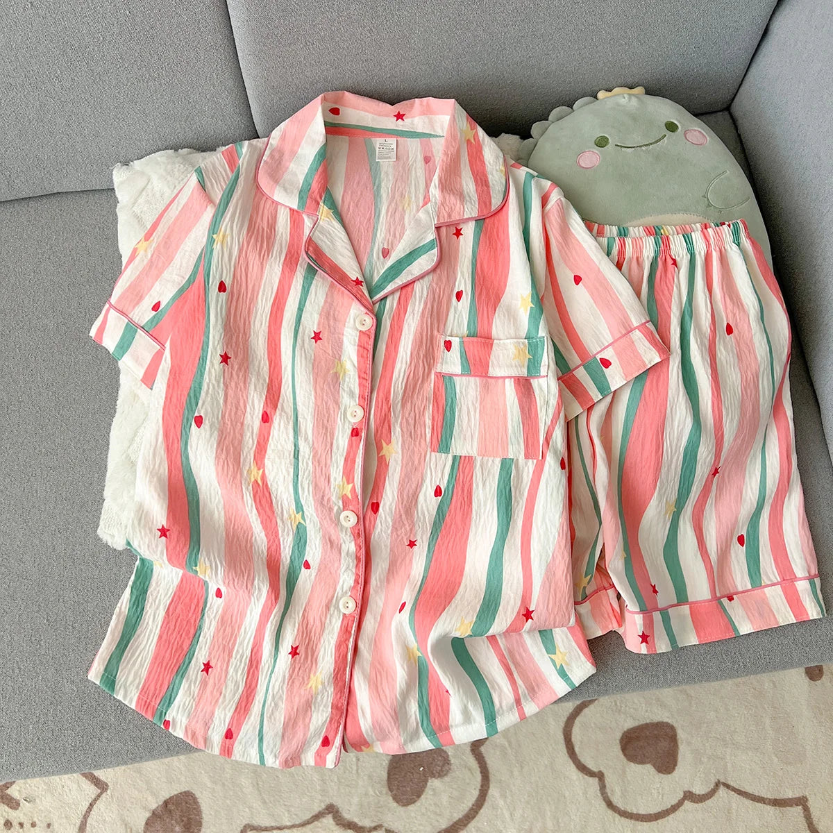 Women's Summer Pajamas, Thin Striped Pattern Short-Sleeved Shorts, Sweet and Cute, Can Be Worn Outside in Summer, Two-Piece Home Wear Set
