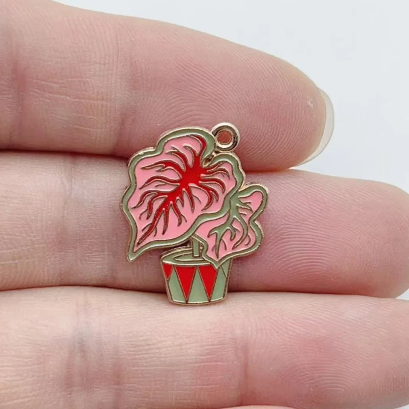 10Pcs Mixed Potted Plant Leaf Enamel Charms Alloy Small Pendants DIY Jewelry Making Accessories