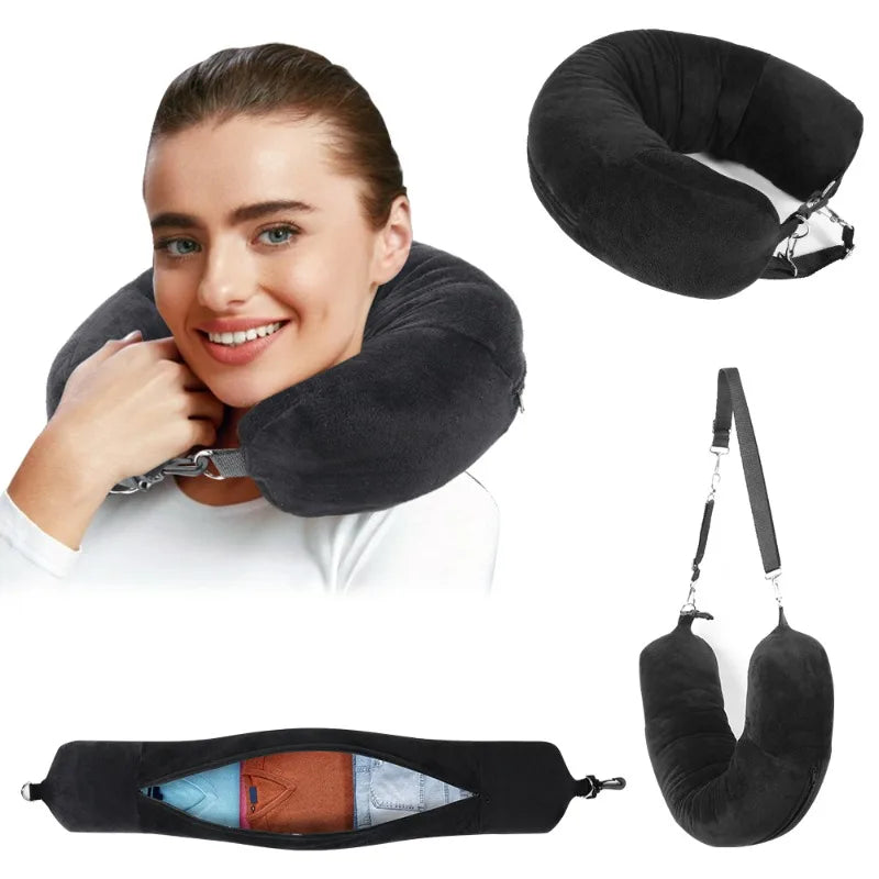 U-Shaped Pillowcase Travel Neck Pillow with Fillable Clothing, Extra Storage Bag, Velvet Neck Pillow Cover for Airplane Travel