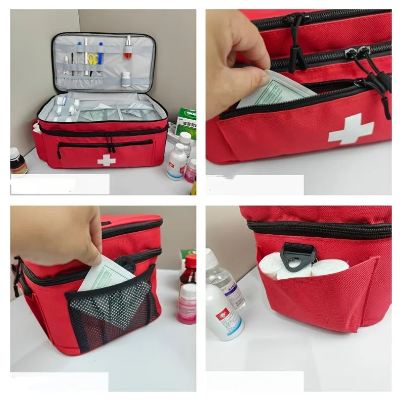 Double Layer Portable First Aid Bag, Empty Medicine Storage Organizer with Dividers & Side Pockets for Home Camping Travel