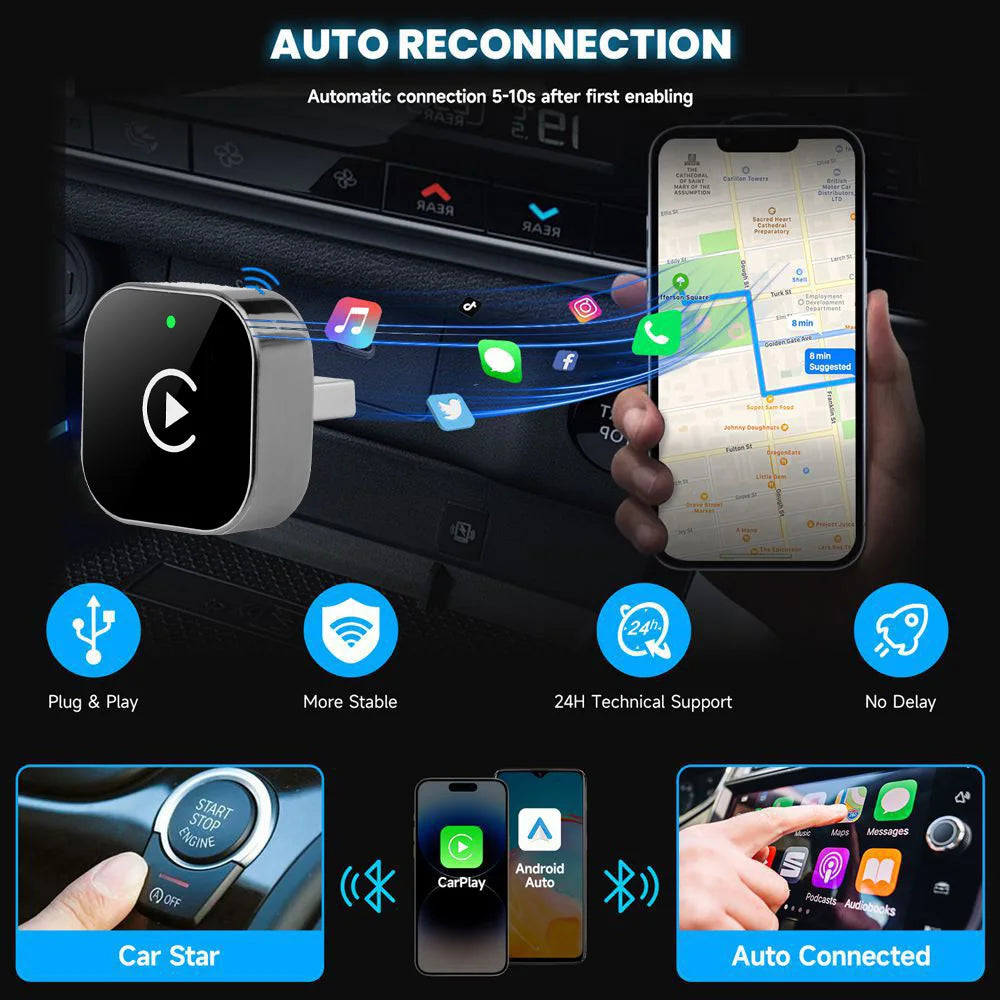 Wireless CarPlay Adapter for iPhone -Mini Plug & Play Auto Connect, 5GHz WiFi Low Latency iOS 10+ Compatible with Wired CarPlay