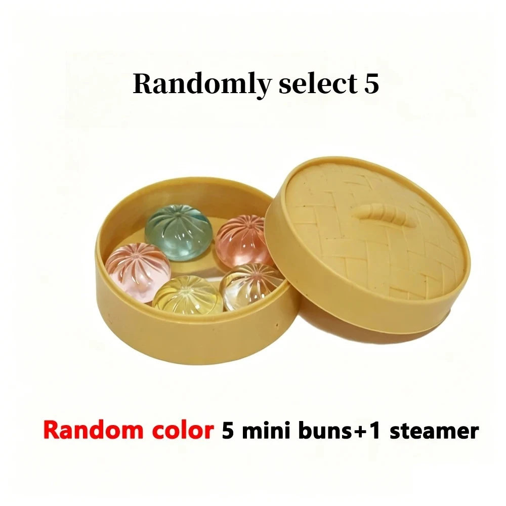 5Pcs Mini Dumplings with Steamer Bun Squeezable Toys Set Soft Stress Relief Crystal Squishy Fidget Sensory Toy Party Favors Gift