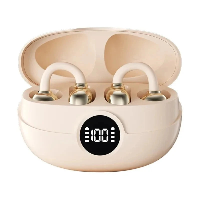 Wireless Clip-On Earbuds with Digital Power Display HiFi Sound Noise Cancelling Headphones Long Battery Life Built-in Microphone