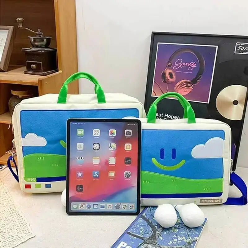 Funny Cartoon Smiling Face Shoulder Bag Casual Computer Protective Student Embroidery Laptop Fashion Big Capacity Versatile Bag