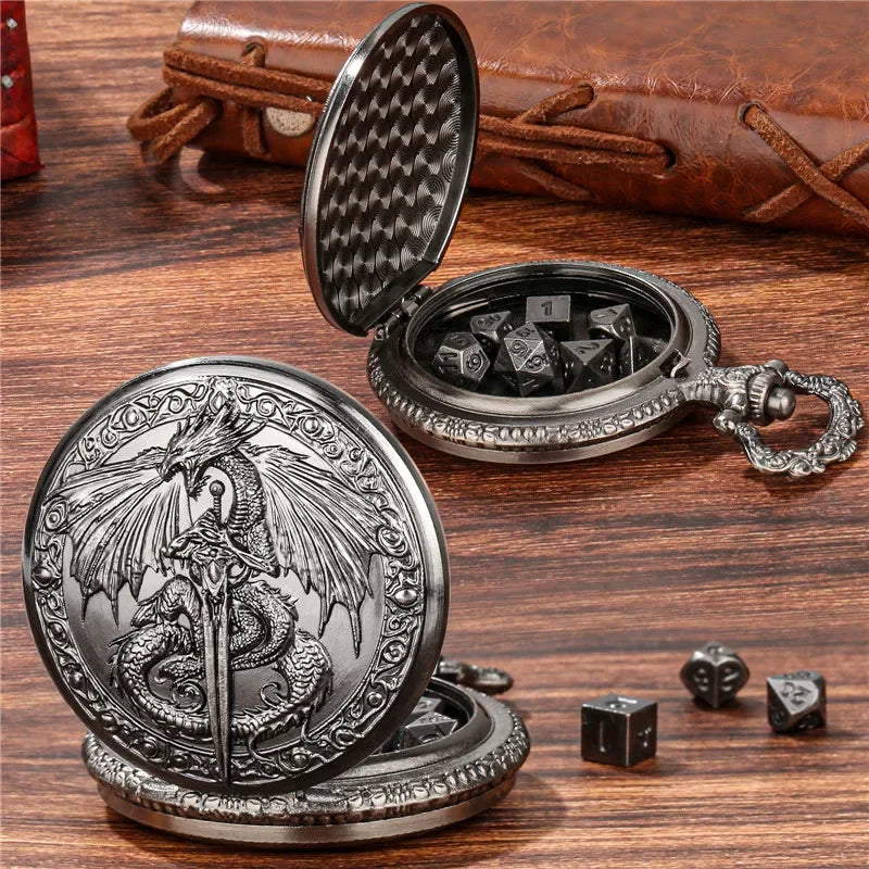 Flying Dragon Pocket Watch Case Pendant Chain 7-Piece Set Micro DND Metal Polyhedral Dice