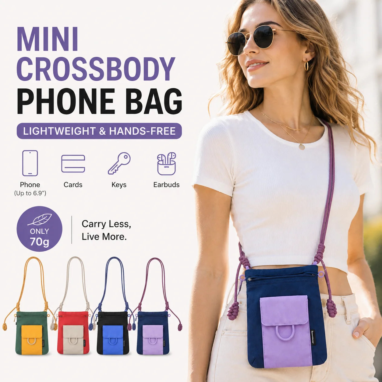 Unisex Mini Crossbody Phone Bag Lightweight Nylon Shoulder Pouch Adjustable Strap Small Travel Bag for Travel Outdoor Walking