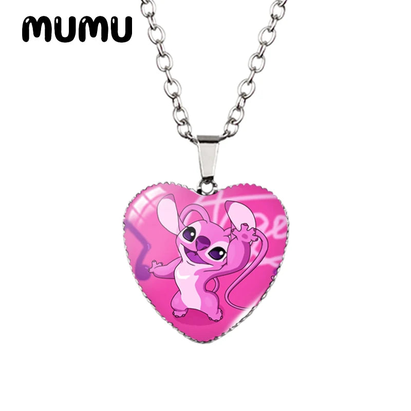 2024 New Lilo Stitch Angle Heart Necklace Glass Printed Photo Pendant Handmade Jewelry Gifts Children