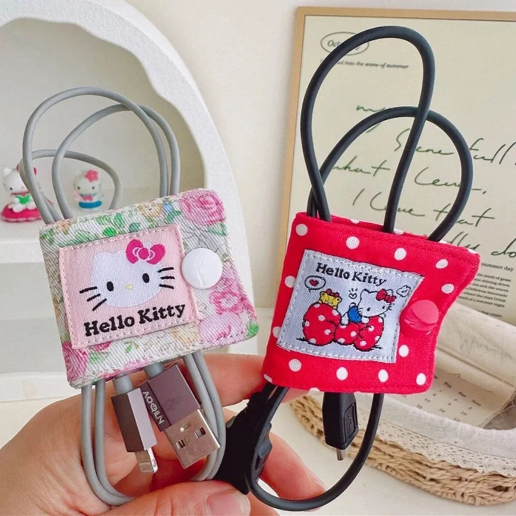 Sanrio Hello Kitty Leopard Print Denim Fabric Data Cable Storage Clip Charging Cable Wired Earphone Brush Storage Gifts for Girl