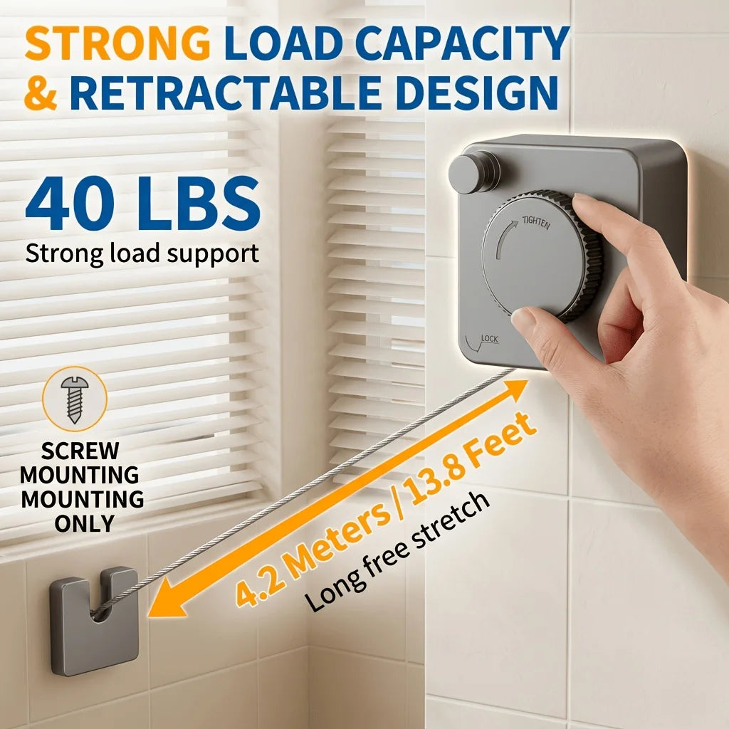 Retractable Invisible Clothesline 165.35in No Drill Wall Mount Thick Stainless Steel for Indoor Balcony Bathroom Outdoor Drying