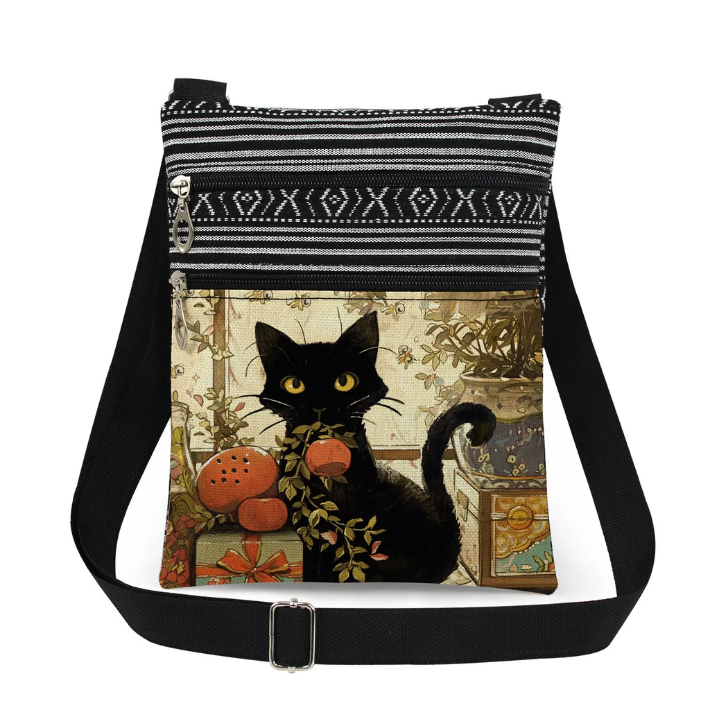 Cute Cartoon Black Cat Print Crossbody Bags Shoulder Bags For Women Daily Travel Portable Small Messenger Bags Catkeeper Gift