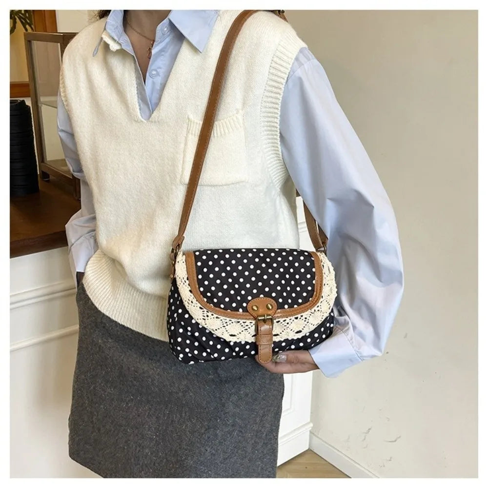 New Polka Dot Crossboby Bag Canvas Lace Trim One-Shoulder Bag Vintage Casual Commuting Bag for Women