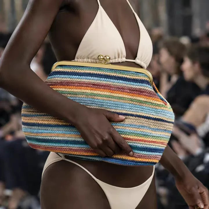 New Fashion Large Striped Clip Shell Clucth Bag for Women Designer PP Straw Handbags Luxury Summer Beach Woven Bags Vacation