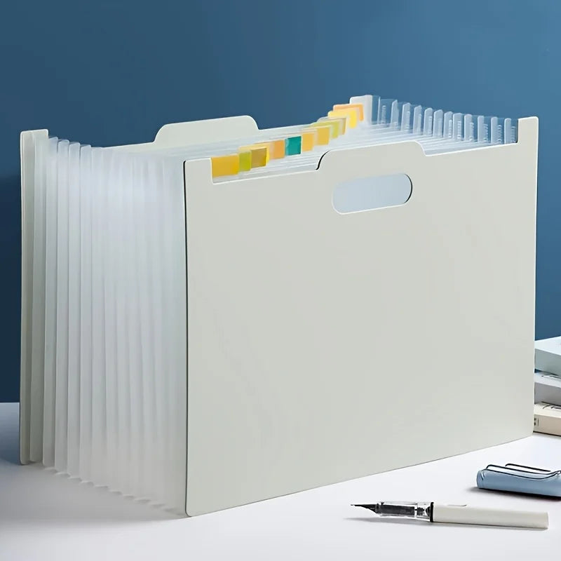Modern white A4-sized foldable file storage box - with multiple pockets, the ideal desktop folder and desktop storage box