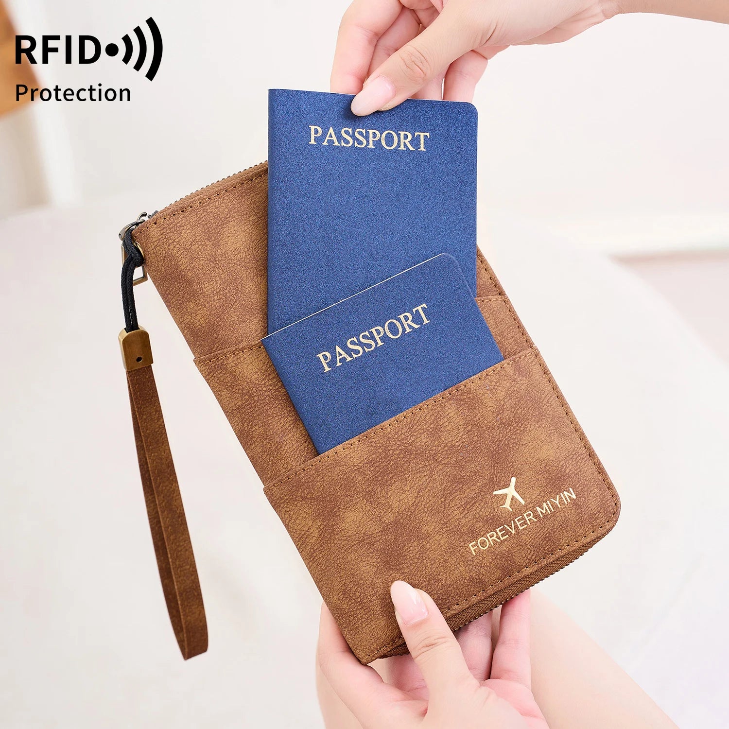 Travel Family Passport Holder RFIDShielded Large-Capacity Document Zippered Storage Wallet PU Clutch Bag Unisex Travel Accessory