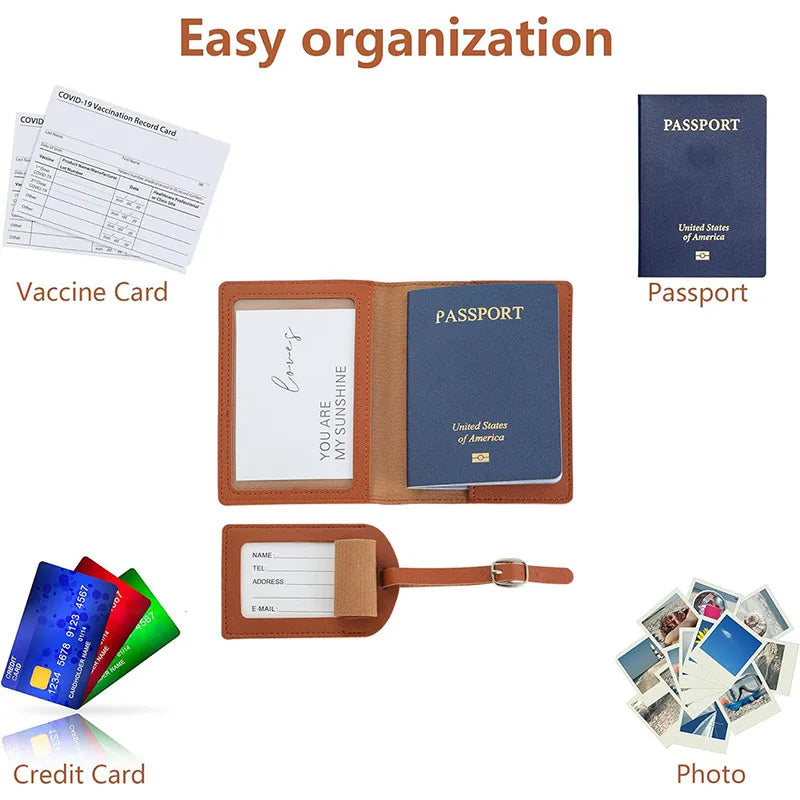 2Pcs/Set PU Travel Passport Cover Luggage Tag Suitcase Identifier Label Baggage Boarding Bag Tag Name ID Address Passport Holder