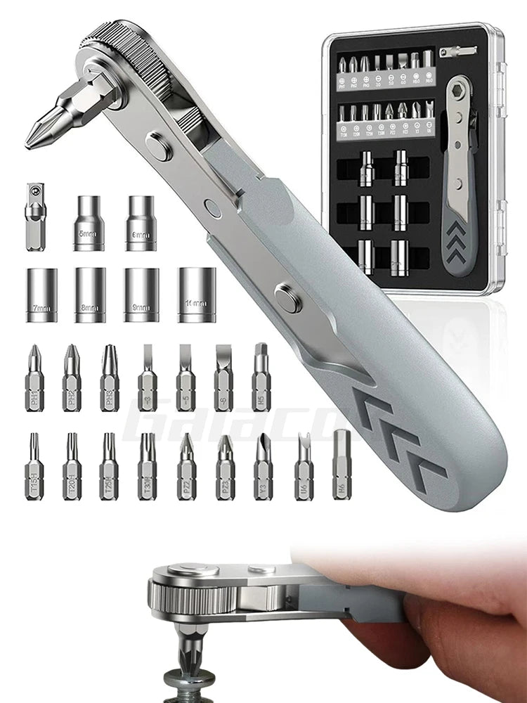 24 in 1 Right Angle Ratcheting Screwdriver Set 36-Tooth Mini Ratchet Socket Sleeve Wrench Set Car Repair Tool Hand Tools Key Set