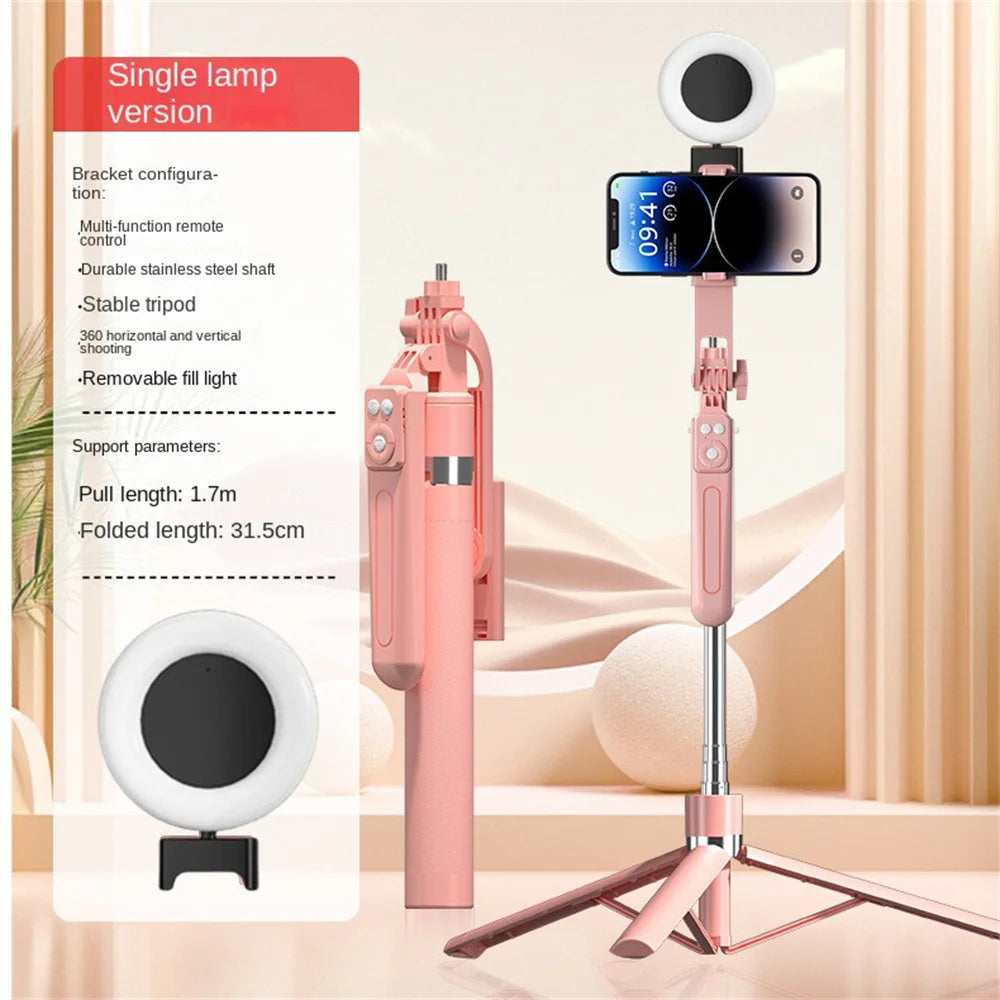 Roreta 360° Rotation 1.7M Selfie Stick Wireless Stand with Light Bluetooth Remote Extendable Tripod for iPhone Live Streaming