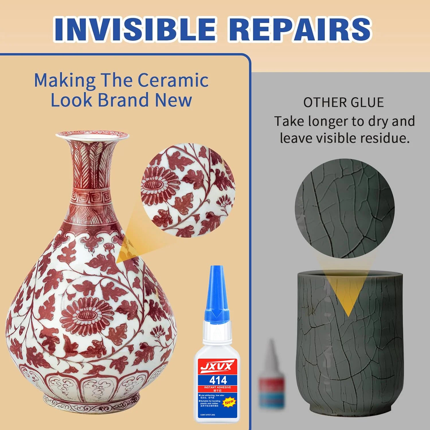 JXVX-20g strong transparent adhesive is used for ceramic repair and rapid repair of porcelain, ceramics, cups and DIY technology