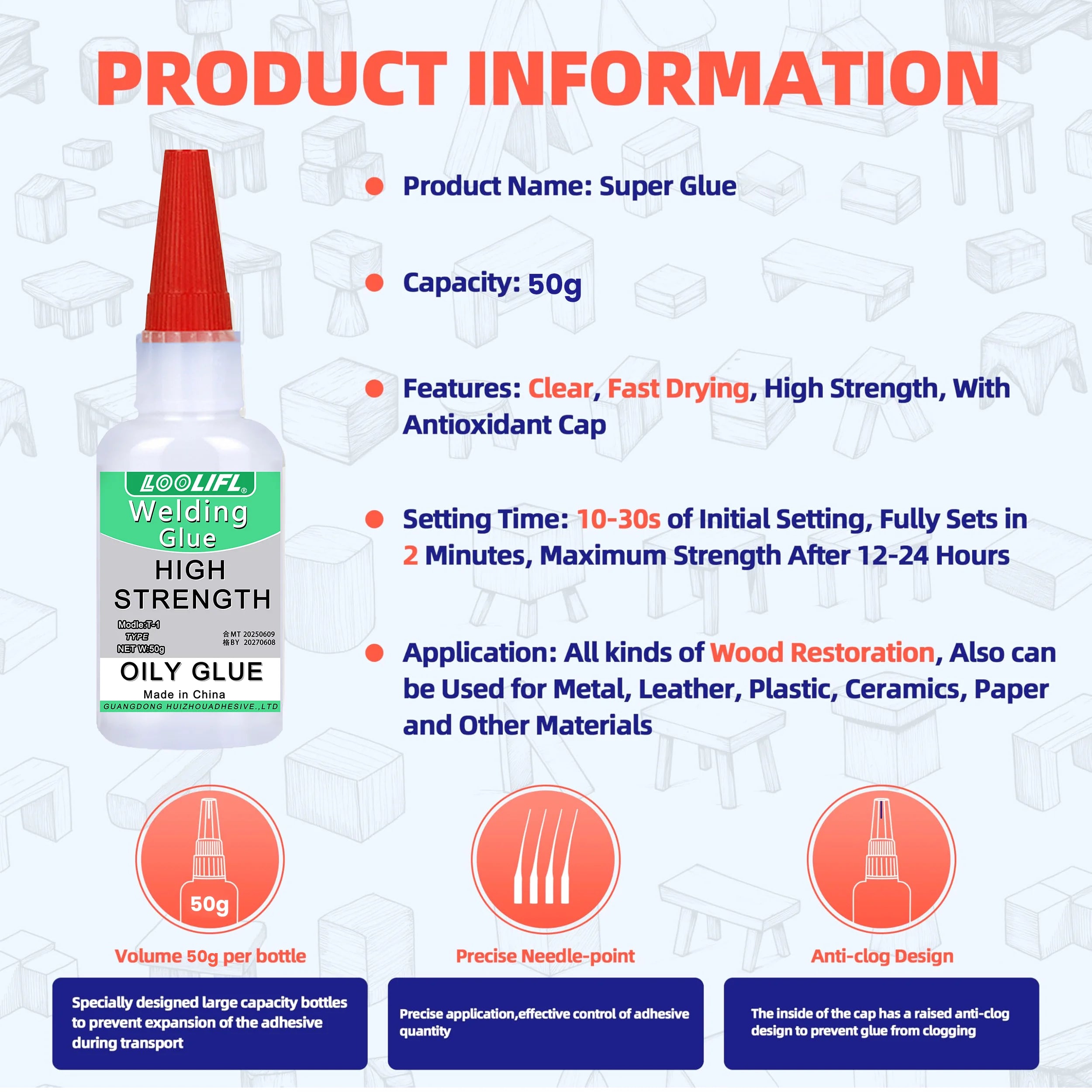 Super instant glue, strong transparent glue, used for plastic, metal, wood, pottery, leather, glass, rubber