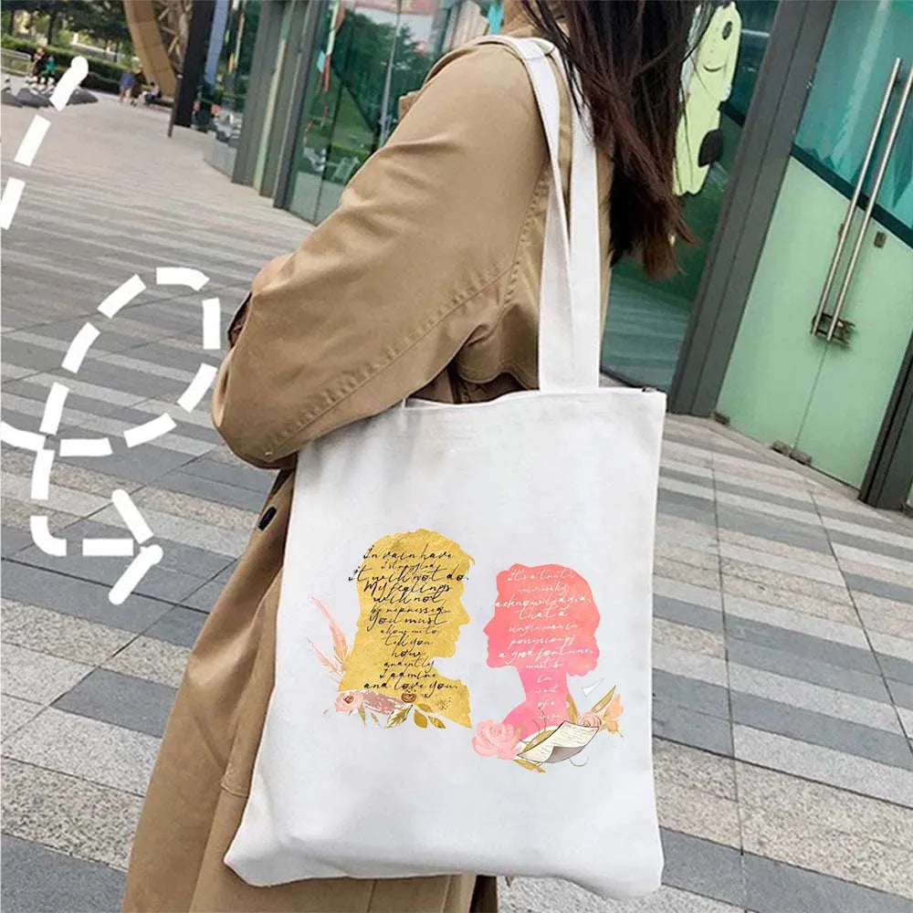 More Pride Less Prejudice Jane Austen Pride Prejudice Elizabeth Darcy Book Bennet Cartoon Shopper Canvas Tote Bag Cotton Handbag
