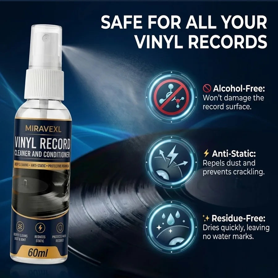 MIRAVEXL Vinyl Record Care Kit: Includes 60ml Cleaning Fluid and Anti-Static Velvet Brush — Dedicated Record Maintenance Set