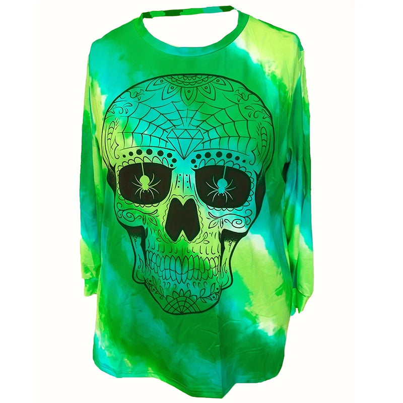 Plus Size Gothic Tops for Women Abstract Skull Print Tie Dye Long Sleeves Crew Neck Loose Fit Tunic Top