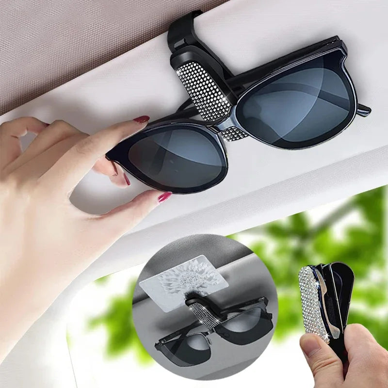 Car Visor Rhinestone Sunglasses Holder Portable Universal Myopia Glasses Holder Multi-function Ticket Holder Car Accessories