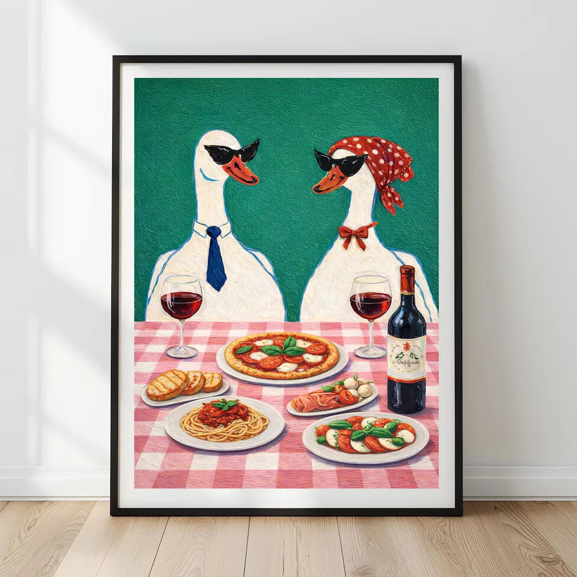 Duck Wine Party Art Print, Quirky Animal Poster, Retro Wall Art with Ducks and Wine, Fun Dining Room or Kitchen Decor