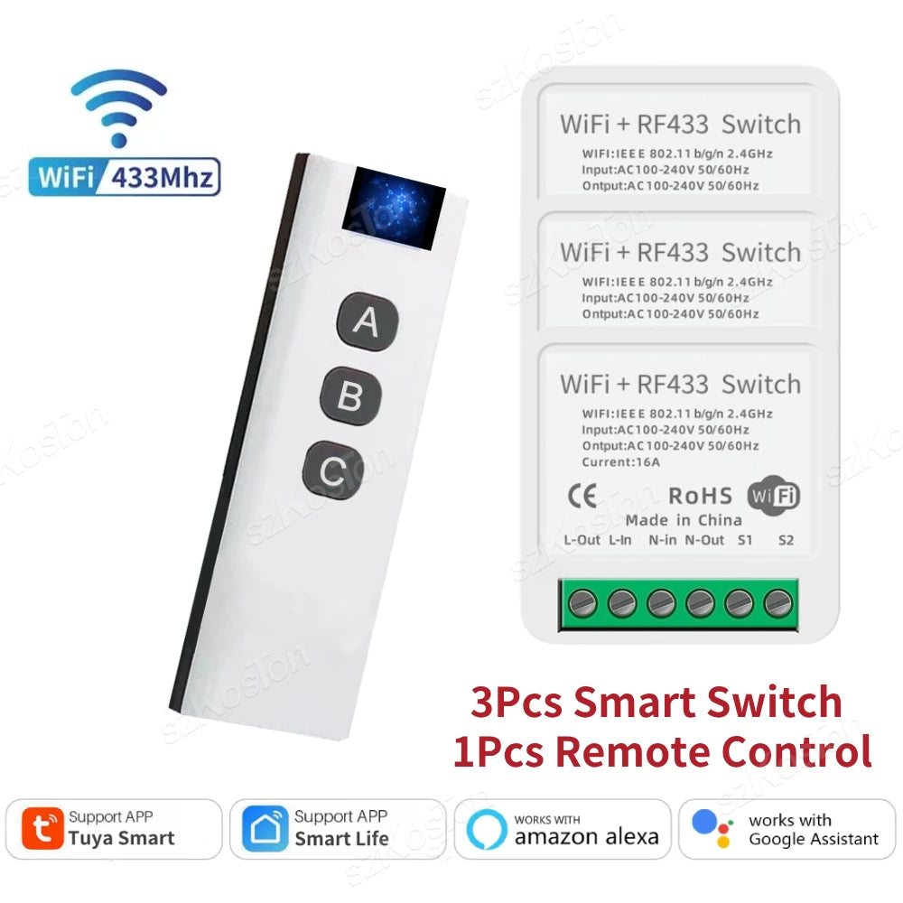 Tuya RF433 WiFi Smart Switch Smart Home 1/2/3Gang Wireless Remote Control 16A Mini Relay Receiver Voice for Alexa Google