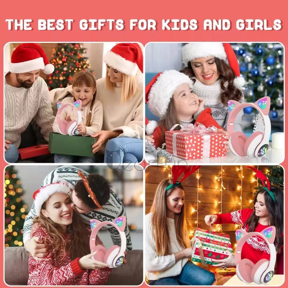 Flash Lamp Cute Cat Ears Headphone Bluetooth5.0 Stereo With Mic Support TF Card Wireless Kids Girl Earphone Birthday Gift