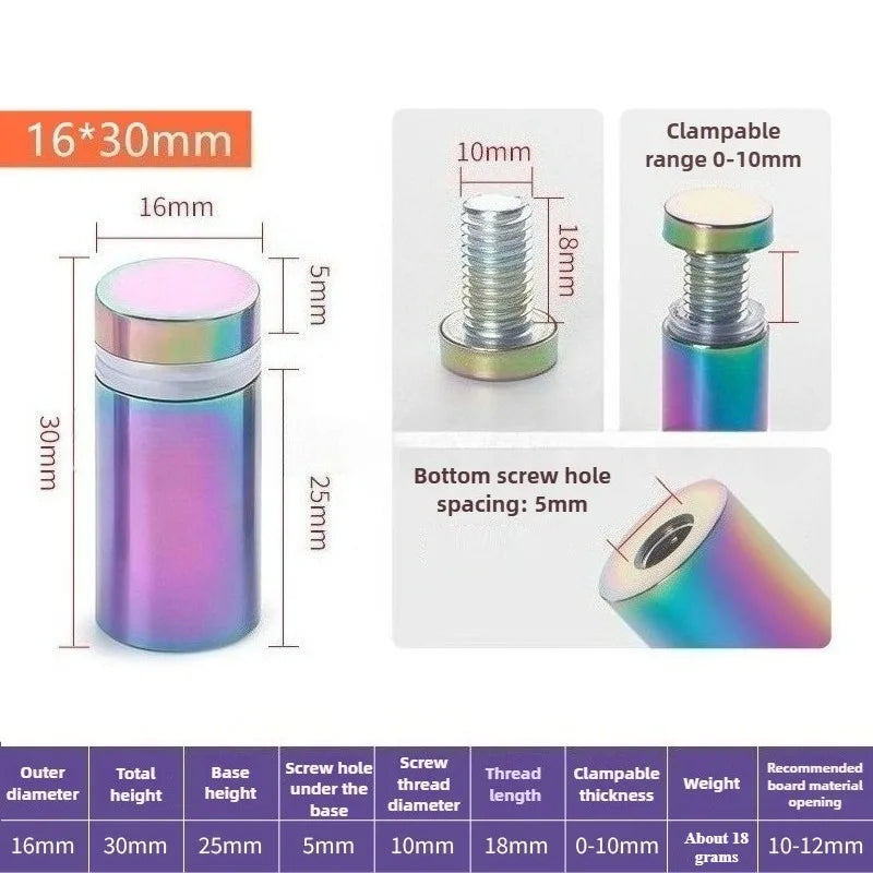 4Pcs Rainbow acrylic Picture Frame Glass Sign Standoff Nail Wall Mount Standoff Holder Stainless Steel Advertise Fixing Screw