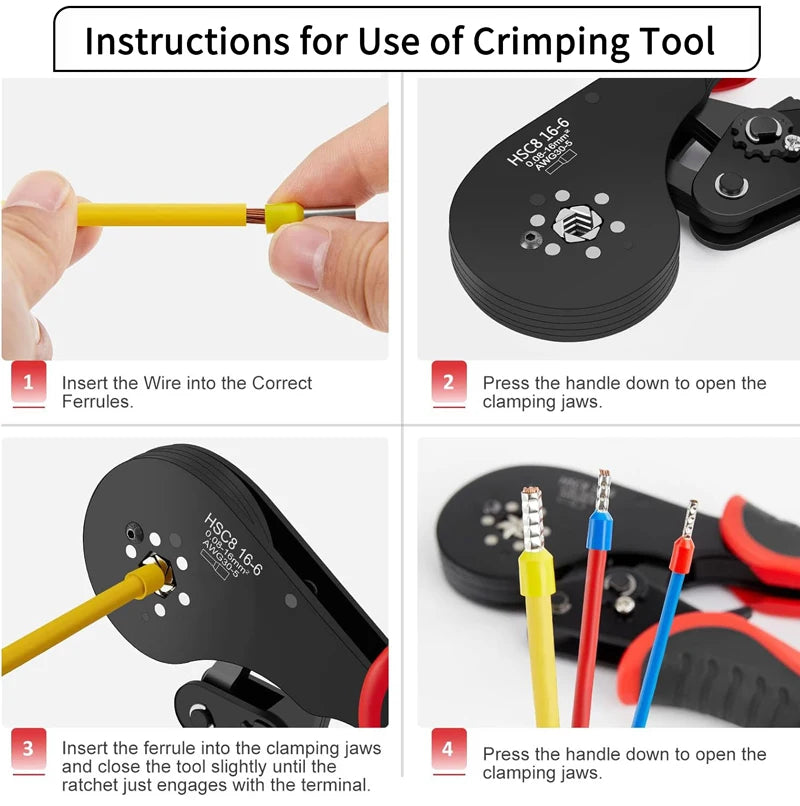 HSC8 16-6 Ferrule Crimping Tool Tubular Terminal Crimper For Large Size Terminals Electrical Clamps 0.08-16mm²/30-5AWG Plier