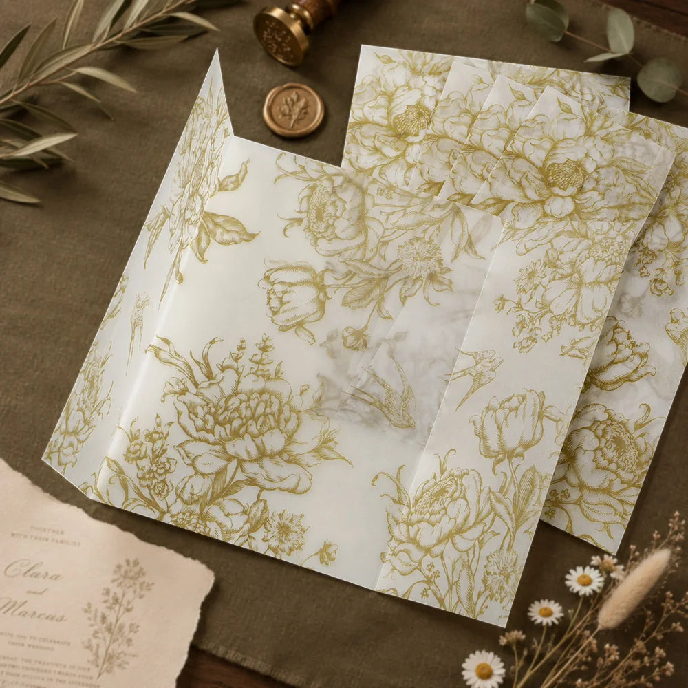 20/50pcs Vellum Wrap with Monochrome Flowers, Vintage Floral Vellum Jacket, DIY Vellum Fold Envelope,for Wedding Invitations