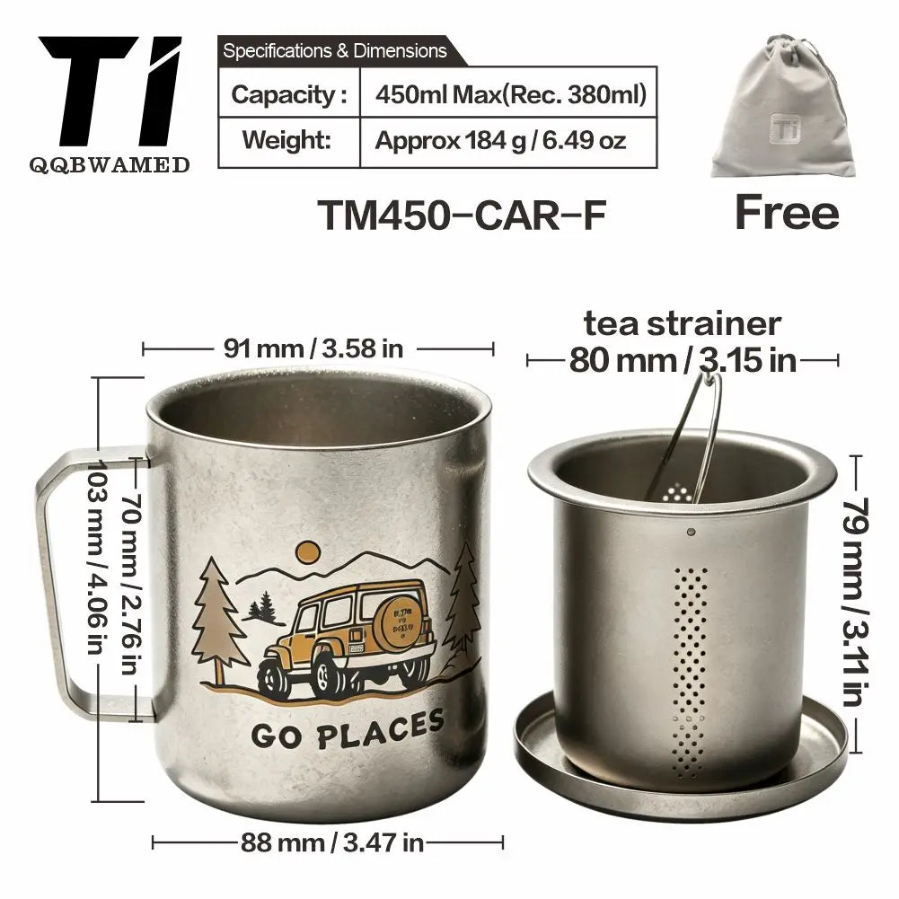 Titanium Mug Double-Layer Anti-Scald Titanium Cup Camping Coffee Cup 450ml Cat and Dog Themed Couple's Cup