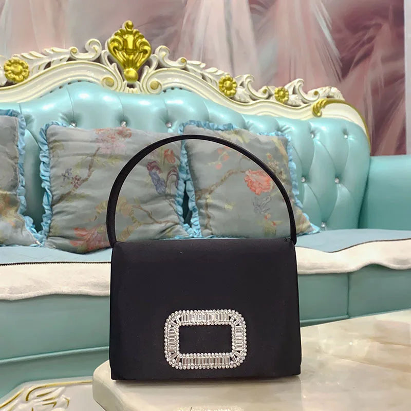 Luxury Diamond Square Button Women's Evening Bag Party Clutch Purses Satin Rhinestone Small Square Bag Chains Shoulder Bag Bolsa