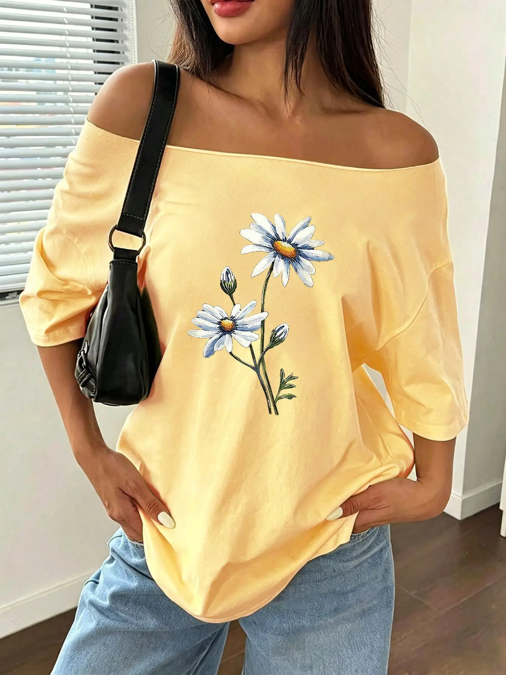 100% Cotton Plus Size Daisy Floral Print Shoulder Loose Print T-Shirt Oversized Y2K Style Graphic Tees Women Tops Summer Off
