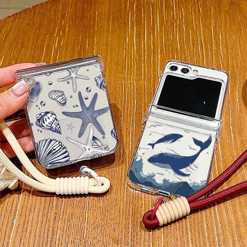 Shark Turtle Print Lanyard Phone Case For Samsung Galaxy Z Flip 8 7 FE 6 5 4 3 5G Folding Hard Clear Cover For Samsung Z Flip7 6