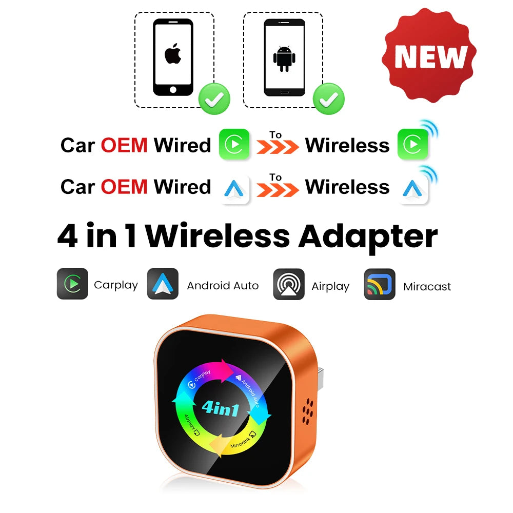 2026 Upgrade 4 in 1 Wireless Carplay Dongle Android Auto Adapter Mirror Link Screen Plug & Play Bluetooth for Apple and Android