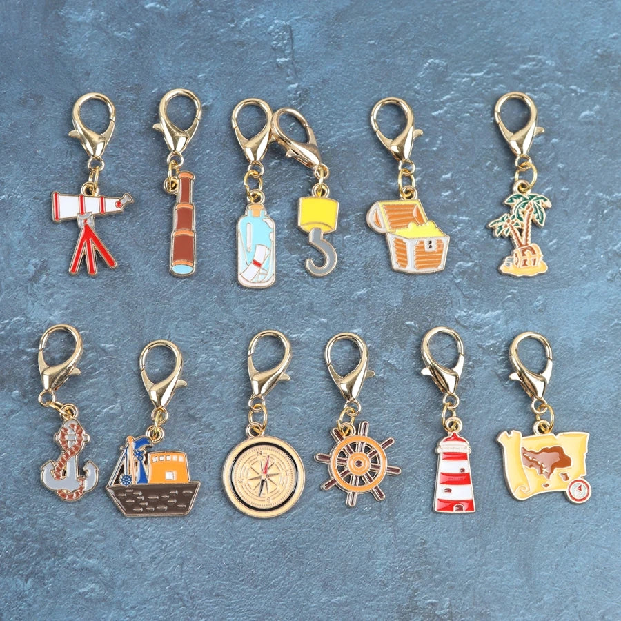 12pcs cartoon nautical treasure hunt keychain items, including a pocket-sized greeting card, with accessories such as ropes, map